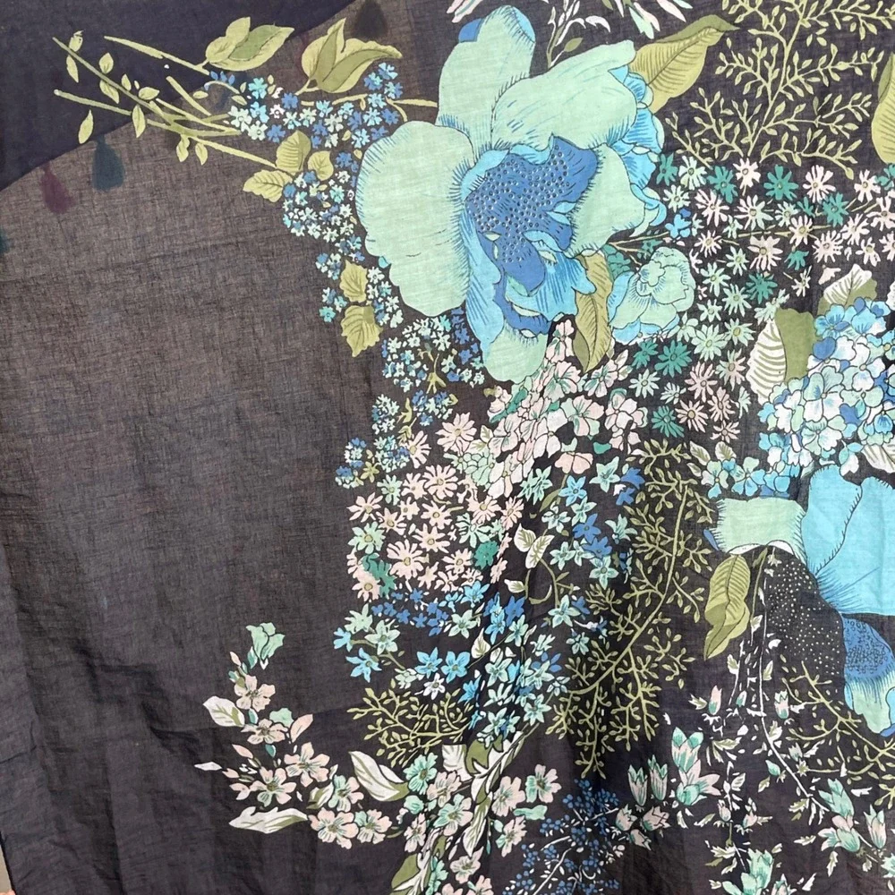 Bohemian Floral Print Square Scarf Shawl Tassel Trim Blue Green Pink Art to Wear